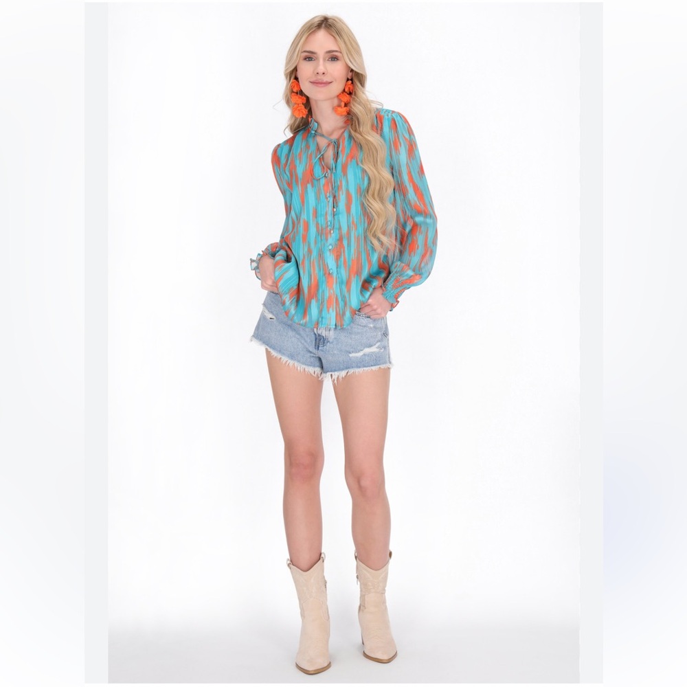 Turquoise & Orange Printed Button front Blouse